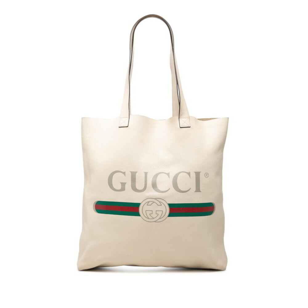 Gucci Logo Print Tote Bag Shoulder 572768 Ivory White Leather Women's GUCCI